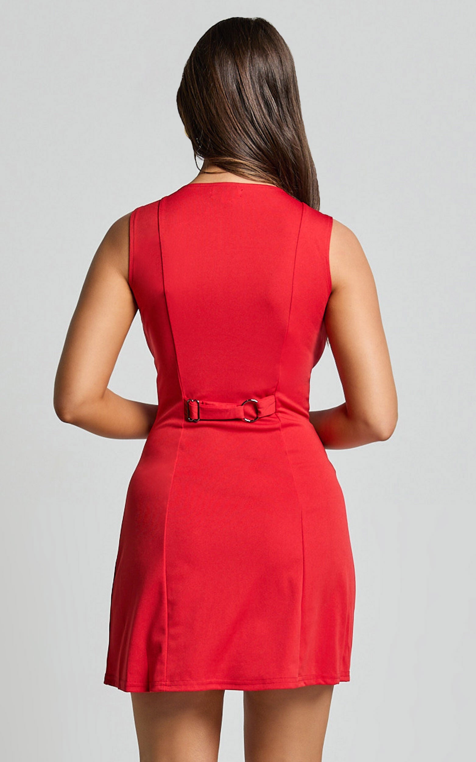 Trixie Mini Dress - High Neck Button up A Line Dress in Red